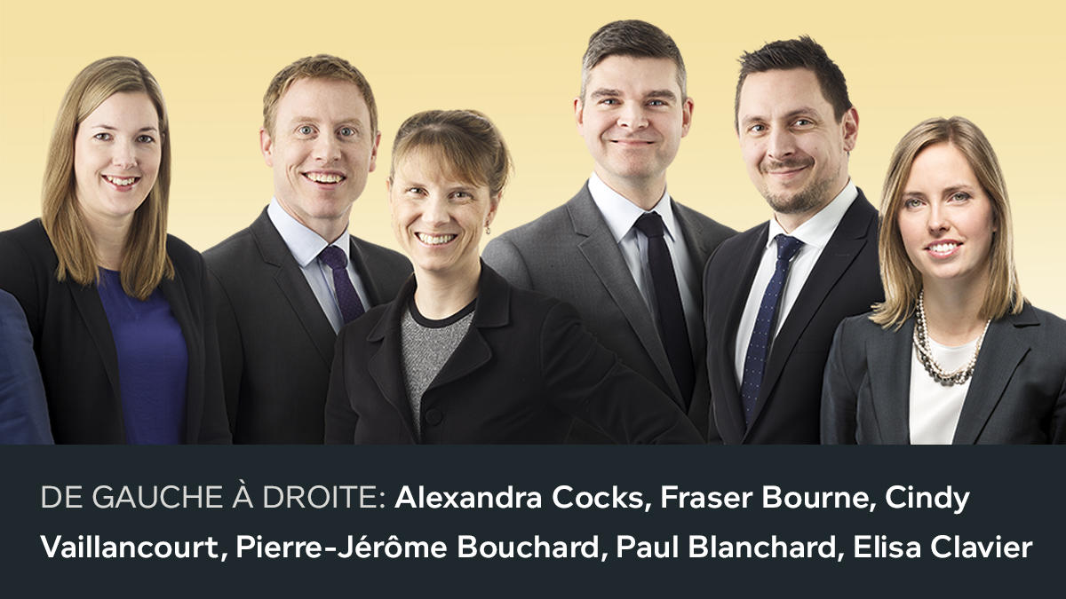 Troisième photo des nouveaux associés 2018. De gauche à droite: Alexandra Cocks, Fraser Bourne, Cindy Vaillancourt, Pierre-Jérôme Bouchard, Paul Blanchard, Elisa Clavier