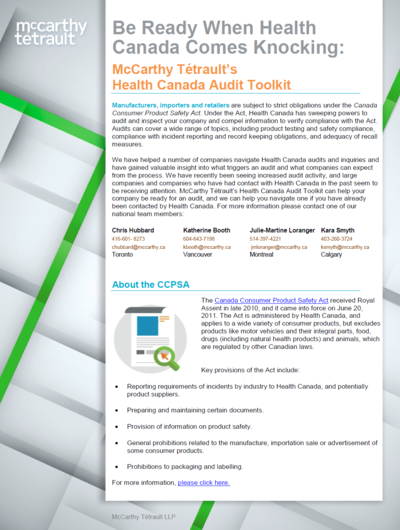 Be Ready When Health Canada Comes Knocking: McCarthy Tétrault’s Health Canada Audit Toolkit